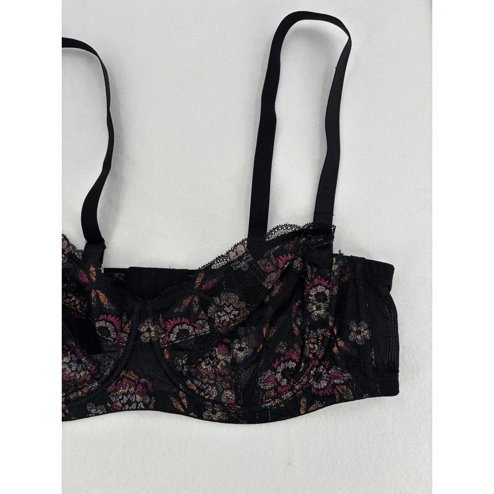 Savage X Fenty Nymph Nouveau Lace Bra Womens 38D Black Metallic Floral‎ Lace